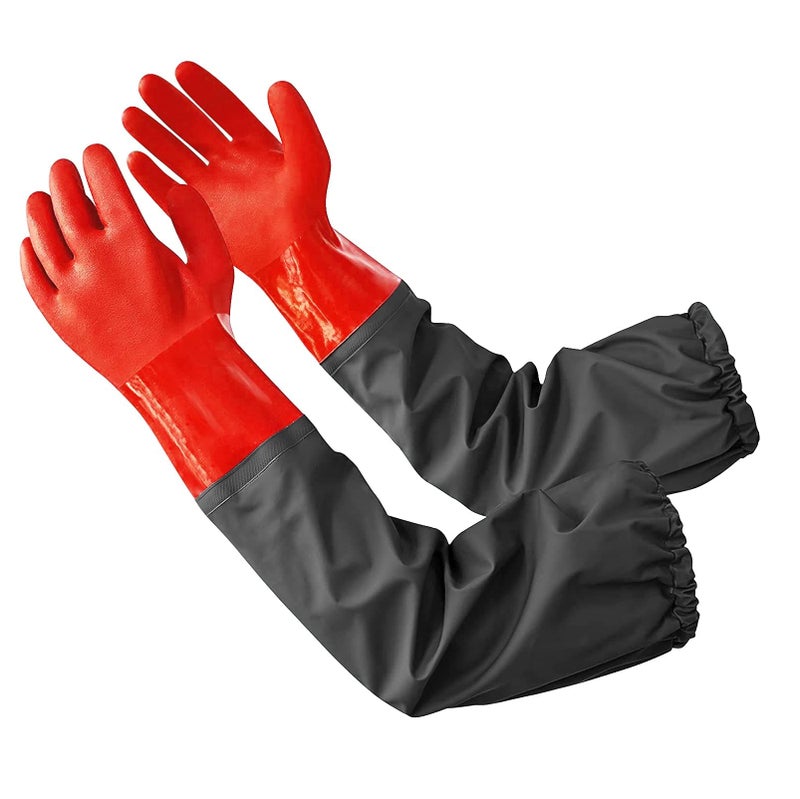 Coopache Full Arm Pond Gloves with Cotton lining Extra Long Waterproof Gloves for Pond Cleaning Care and Machinery Industry 25-inch (Red & Black  Medium) - Image 1
